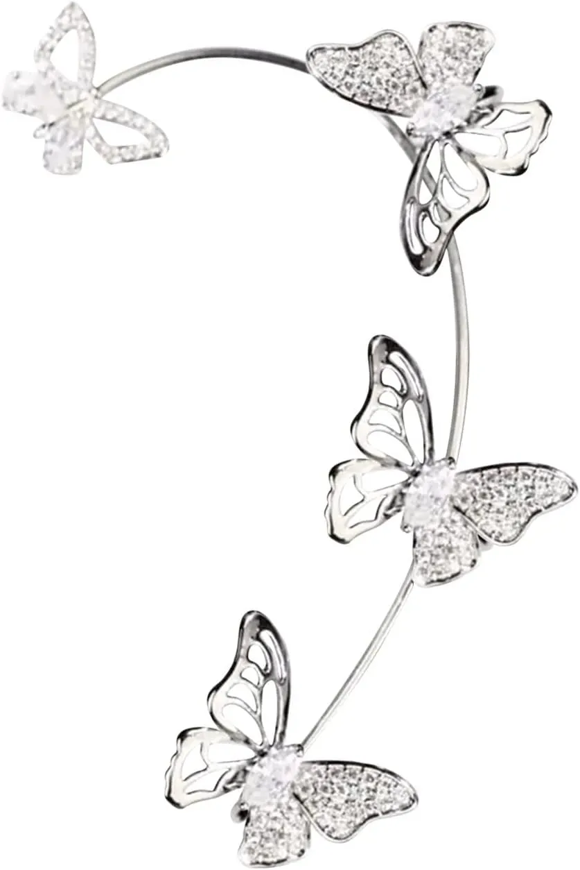 1 Pair Butterfly Ear Cuff for Women Climber Wrap Around Earrings No Piercing Ear Clip Elegant Jewelry (Silver, One Size)