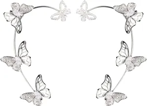1 Pair Butterfly Ear Cuff for Women Climber Wrap Around Earrings No Piercing Ear Clip Elegant Jewelry (Silver, One Size)