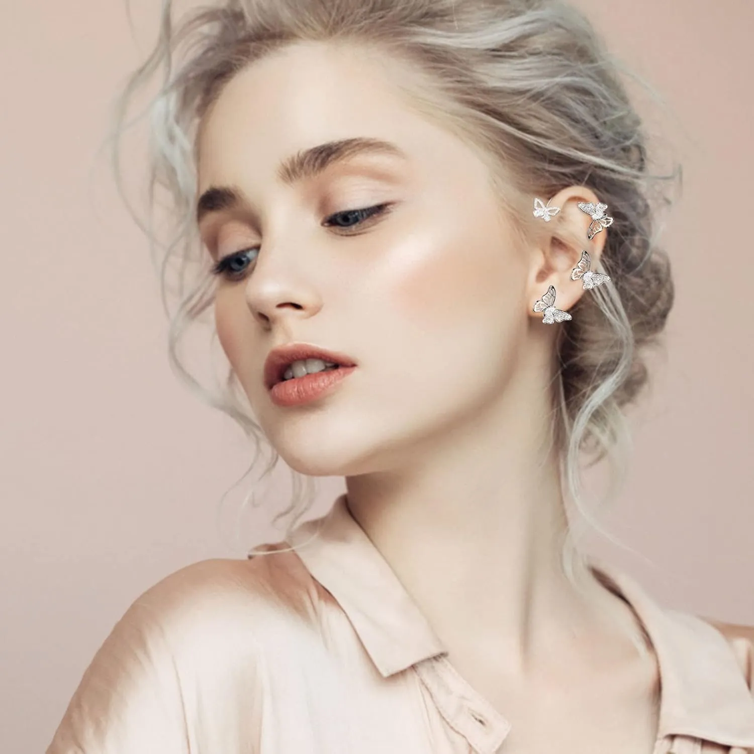 1 Pair Butterfly Ear Cuff for Women Climber Wrap Around Earrings No Piercing Ear Clip Elegant Jewelry (Silver, One Size)