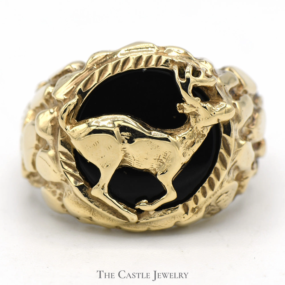 10k Yellow Gold Deer Ring with Black Onyx Background and Nugget Designed Sides Delicate Item Eternal Product