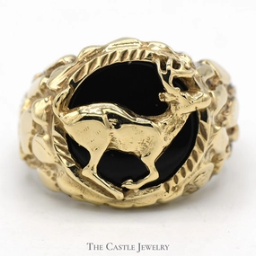 10k Yellow Gold Deer Ring with Black Onyx Background and Nugget Designed Sides Delicate Item Eternal Product