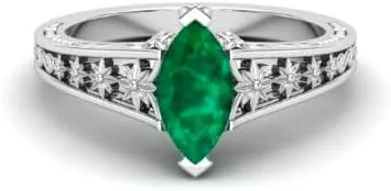 1.10ct Emerald Engagement Bridal Ring, Vintage Art Deco Ring, Moissanite Ring, Solitaire Ring, Green Stone Ring,Flower Ring