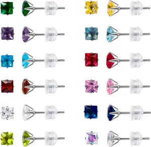 12 Pairs Stainless Steel Stud Earrings for Women, Princess Cut Square Cubic Zirconia Stud Earrings, Birthstone Earrings Stud Set