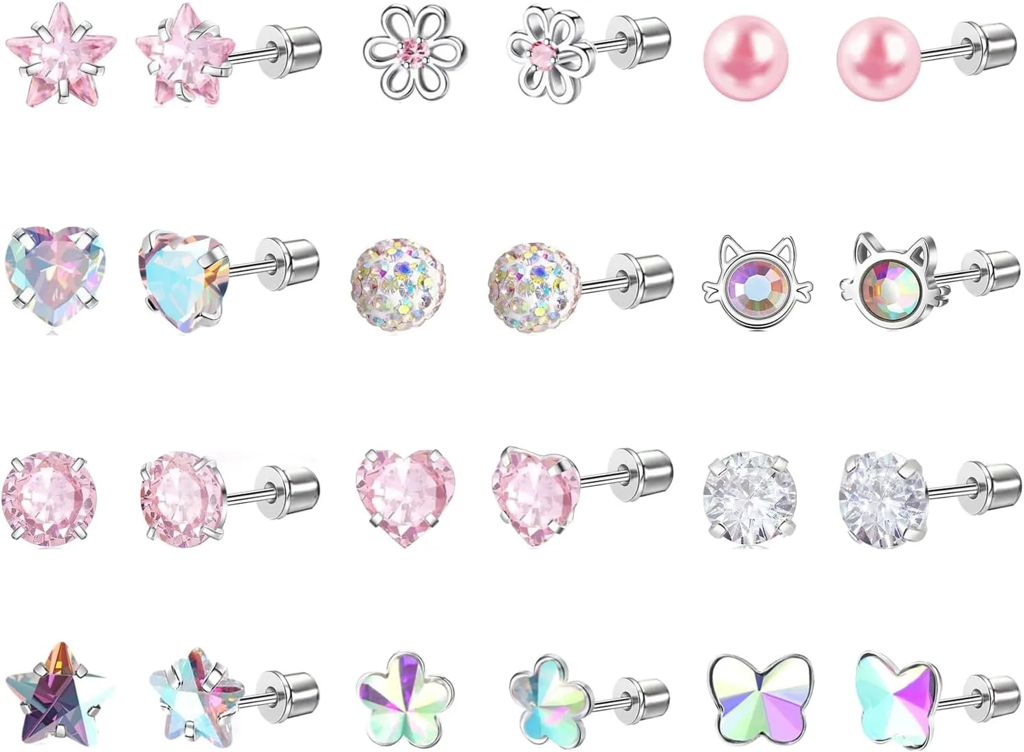 12 Pairs Toddler Earrings,Hypoallergenic Titanium Screw Back Earrings for Girls Women,Surgical Stainless Steel Cute Flower Pearl Star Cubic Zirconia Flat Back Stud Earrings for Sensitive Ears