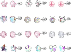 12 Pairs Toddler Earrings,Hypoallergenic Titanium Screw Back Earrings for Girls Women,Surgical Stainless Steel Cute Flower Pearl Star Cubic Zirconia Flat Back Stud Earrings for Sensitive Ears