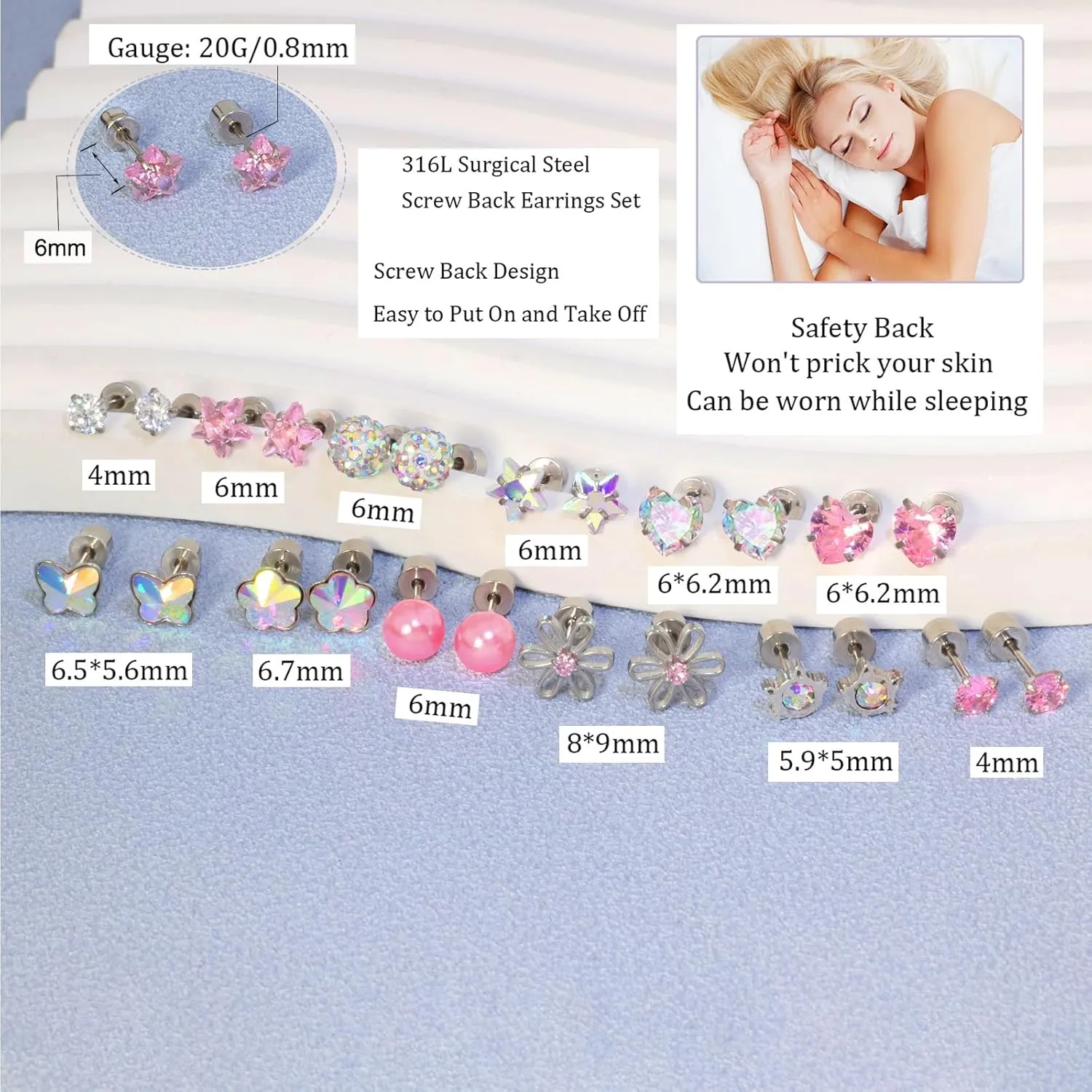 12 Pairs Toddler Earrings,Hypoallergenic Titanium Screw Back Earrings for Girls Women,Surgical Stainless Steel Cute Flower Pearl Star Cubic Zirconia Flat Back Stud Earrings for Sensitive Ears