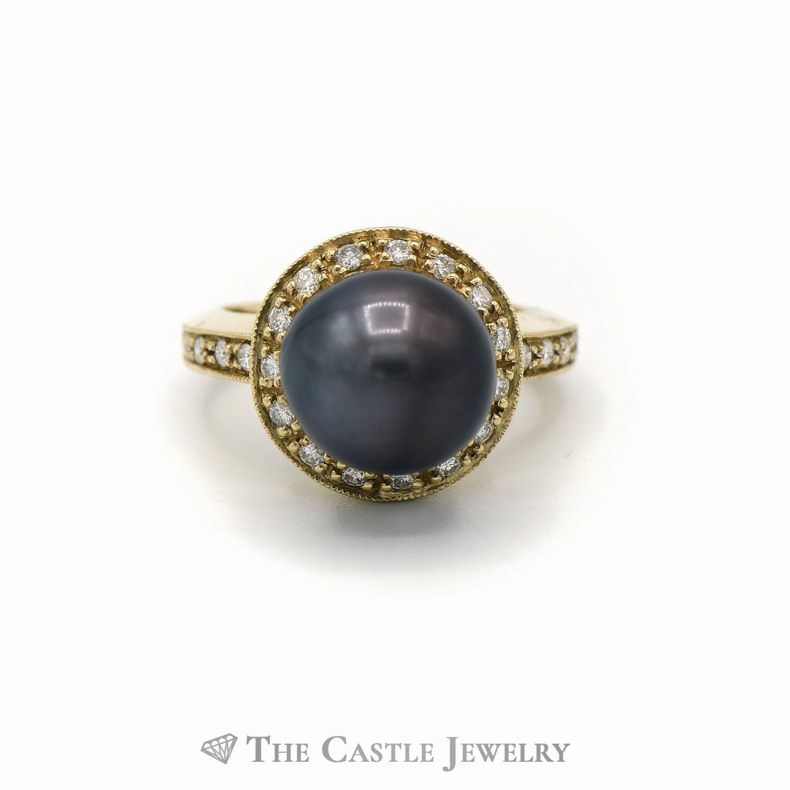 Comfortable Piece 12mm Black Pearl Ring with Diamond Halo and Shank in 14KT Yellow Gold
