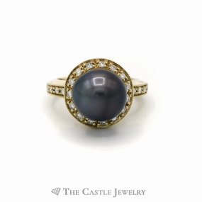 Comfortable Piece 12mm Black Pearl Ring with Diamond Halo and Shank in 14KT Yellow Gold