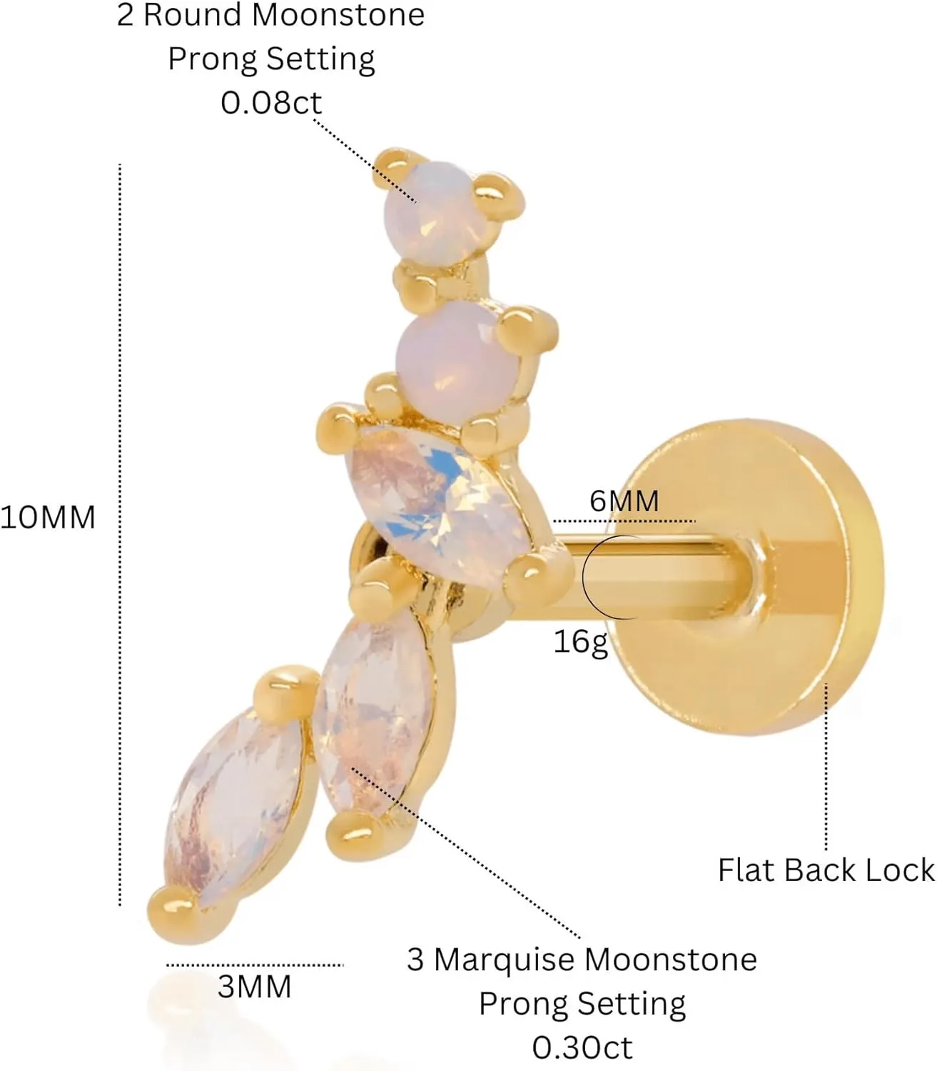 14K Gold Moon Stone Leaf Stud Piercing, Marquise Helix Piercing, Climber Cartilage Tragus Stud, Conch Rook Snug Earring, Gift For Friend.