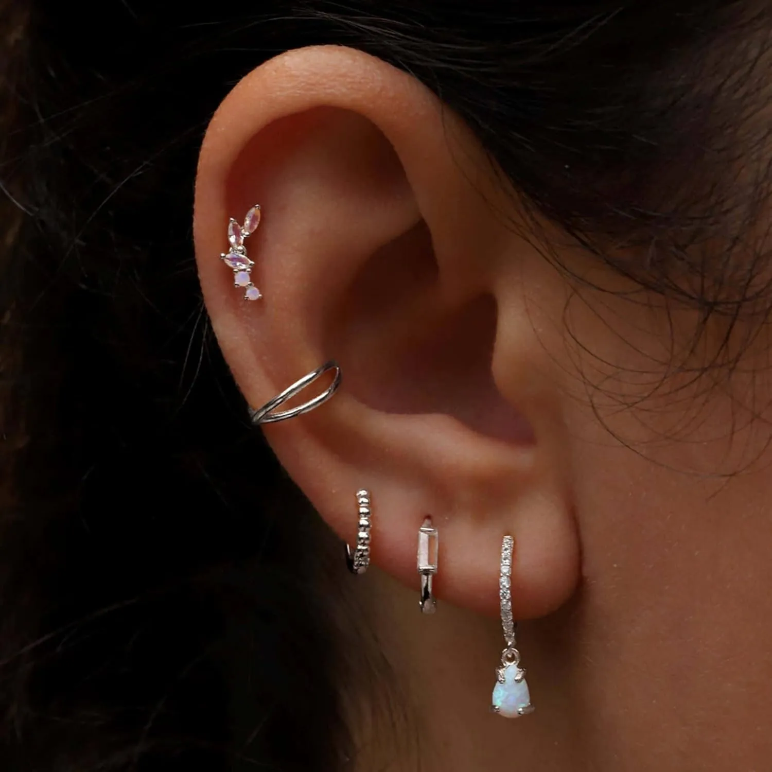 14K Gold Moon Stone Leaf Stud Piercing, Marquise Helix Piercing, Climber Cartilage Tragus Stud, Conch Rook Snug Earring, Gift For Friend.
