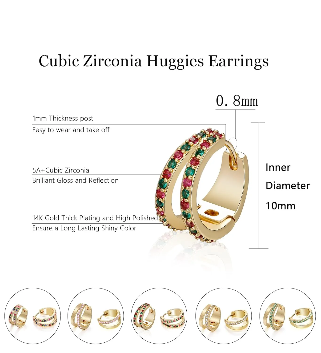 14k Gold Plated CZ Hoop Earrings for Women Hypoallergenic Cubic Zirconia Handmade Double Hoop Earrings Small Huggie Earrings Green Red CZ