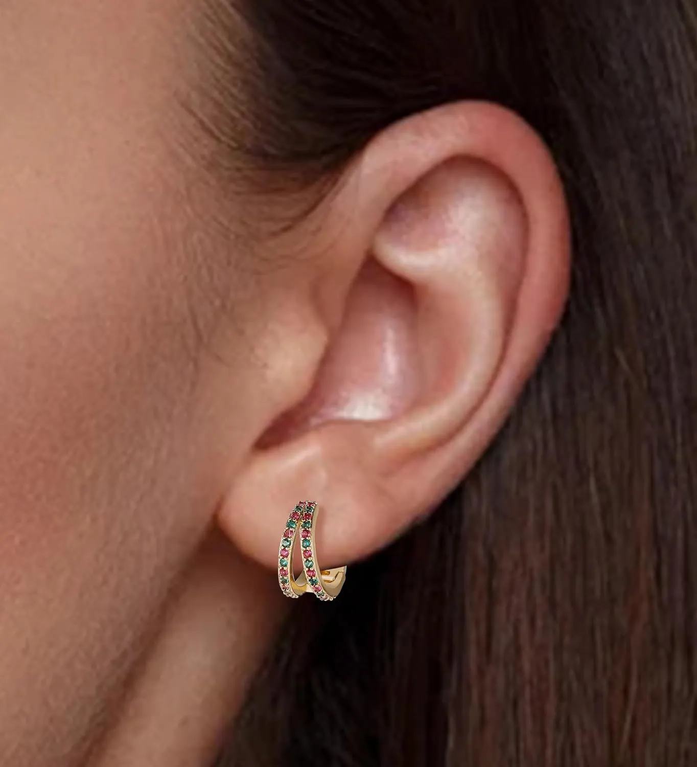 14k Gold Plated CZ Hoop Earrings for Women Hypoallergenic Cubic Zirconia Handmade Double Hoop Earrings Small Huggie Earrings Green Red CZ