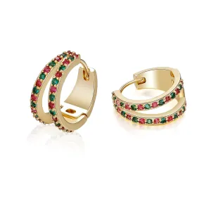 14k Gold Plated CZ Hoop Earrings for Women Hypoallergenic Cubic Zirconia Handmade Double Hoop Earrings Small Huggie Earrings Green Red CZ