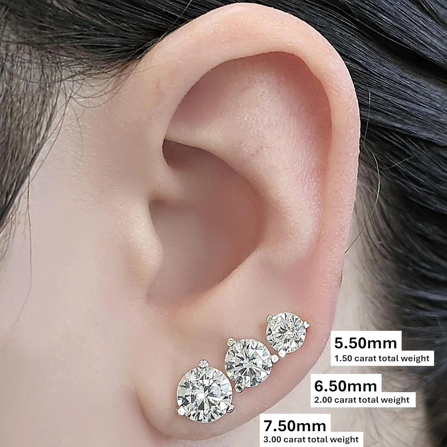 14K Gold Post & Sterling Silver Pure Brilliance Zirconia 3 Prong Martini Style Stud Earrings 1.0ct to 4ct