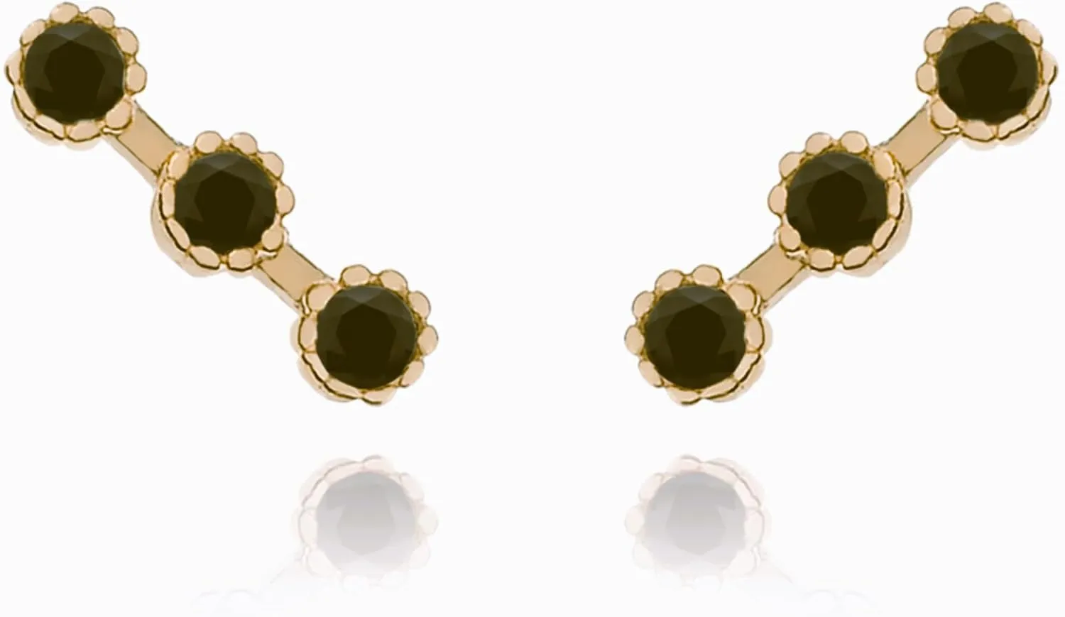 14k Gold Triple Onyx Climber Stud Earring, Lash Ear Climber, Gemstone (0.048ct) Row Earrings, Dainty Line Studs, Ear Clawer Earring, Gift For Her