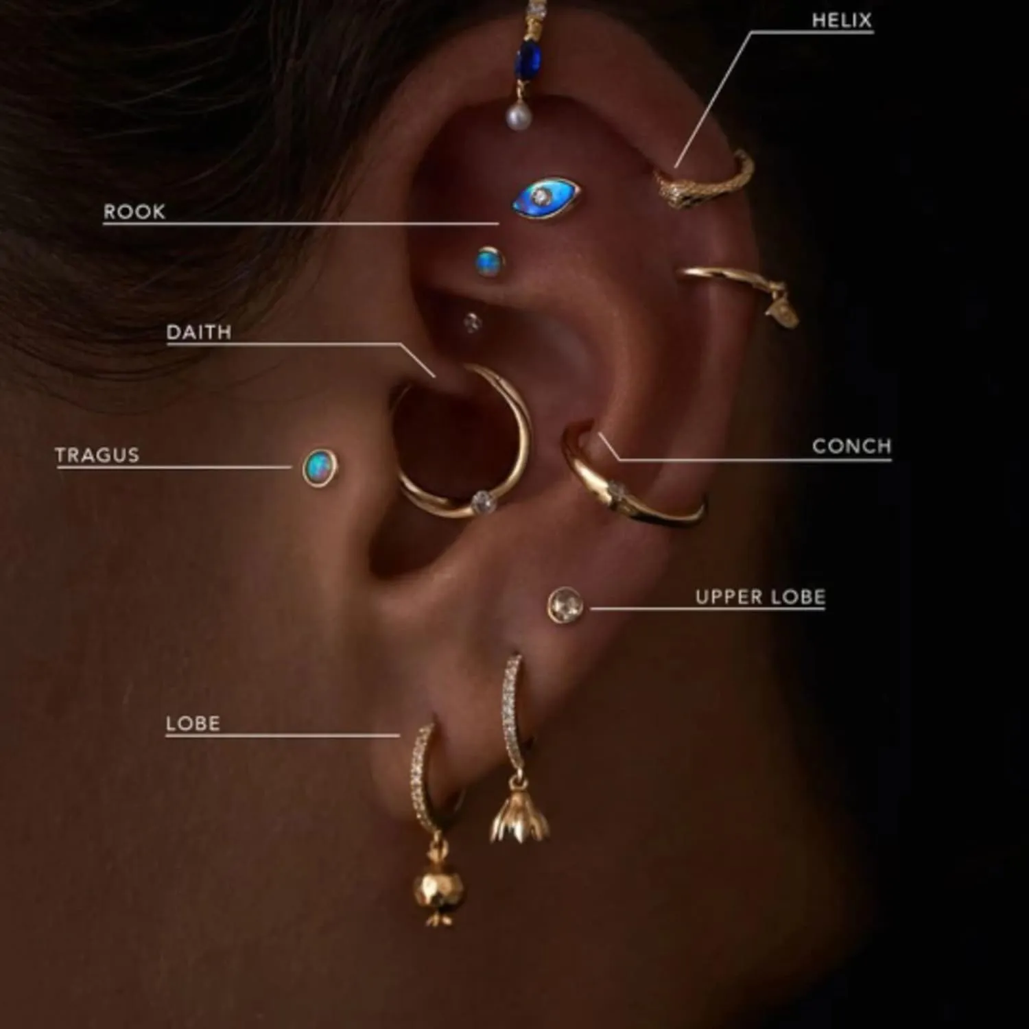 14k Gold Triple Onyx Climber Stud Earring, Lash Ear Climber, Gemstone (0.048ct) Row Earrings, Dainty Line Studs, Ear Clawer Earring, Gift For Her