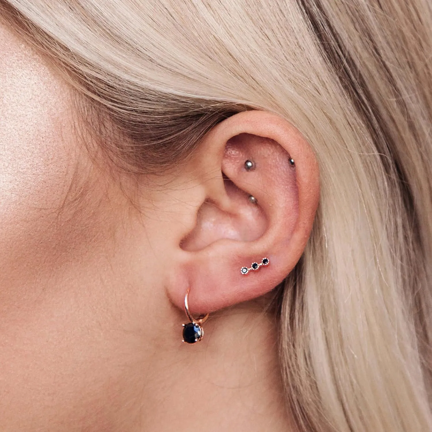 14k Gold Triple Onyx Climber Stud Earring, Lash Ear Climber, Gemstone (0.048ct) Row Earrings, Dainty Line Studs, Ear Clawer Earring, Gift For Her