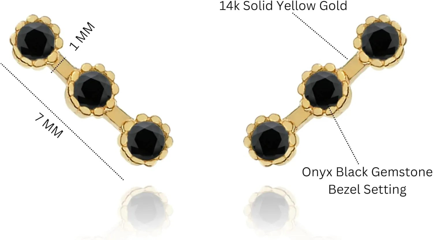 14k Gold Triple Onyx Climber Stud Earring, Lash Ear Climber, Gemstone (0.048ct) Row Earrings, Dainty Line Studs, Ear Clawer Earring, Gift For Her