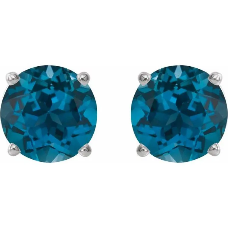 14K White 8 mm Natural London Blue Topaz Stud Earrings