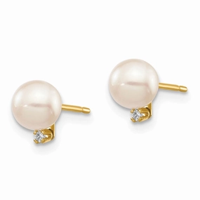 14k 5-6mm White Round Akoya Saltwater Cultured Pearl and .02 Carat Diamond Post Earrings Contemporary Style