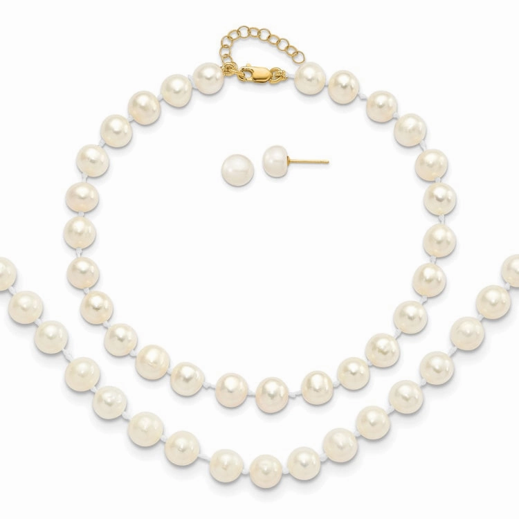 Elegant Pop 14k 6-7mm White Round Freshwater Cultured Pearl 7.25 inch with 1 Extender Bracelet/18 inch with 2 inch Extender Necklace/Button Earrings Set