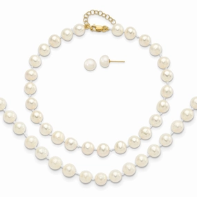 Elegant Pop 14k 6-7mm White Round Freshwater Cultured Pearl 7.25 inch with 1 Extender Bracelet/18 inch with 2 inch Extender Necklace/Button Earrings Set