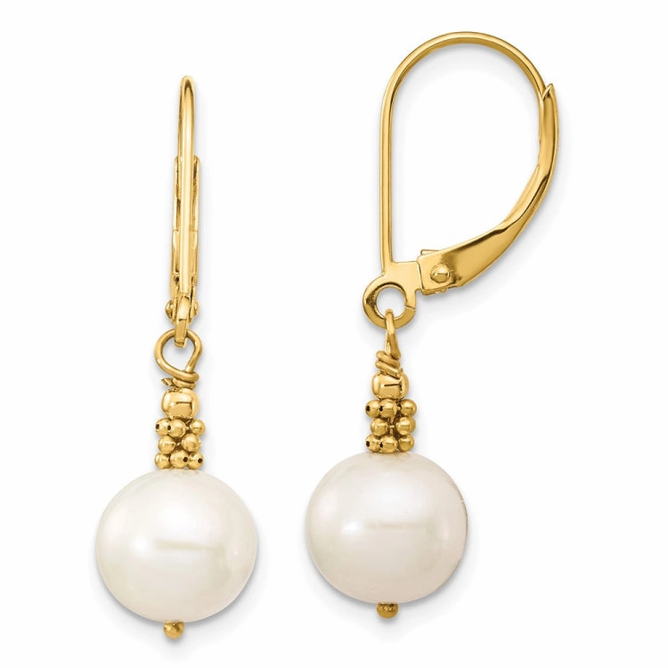 14k 8-9mm White Near-Round Freshwater Cultured Pearl Dangle Leverback Earrings Glam Appeal
