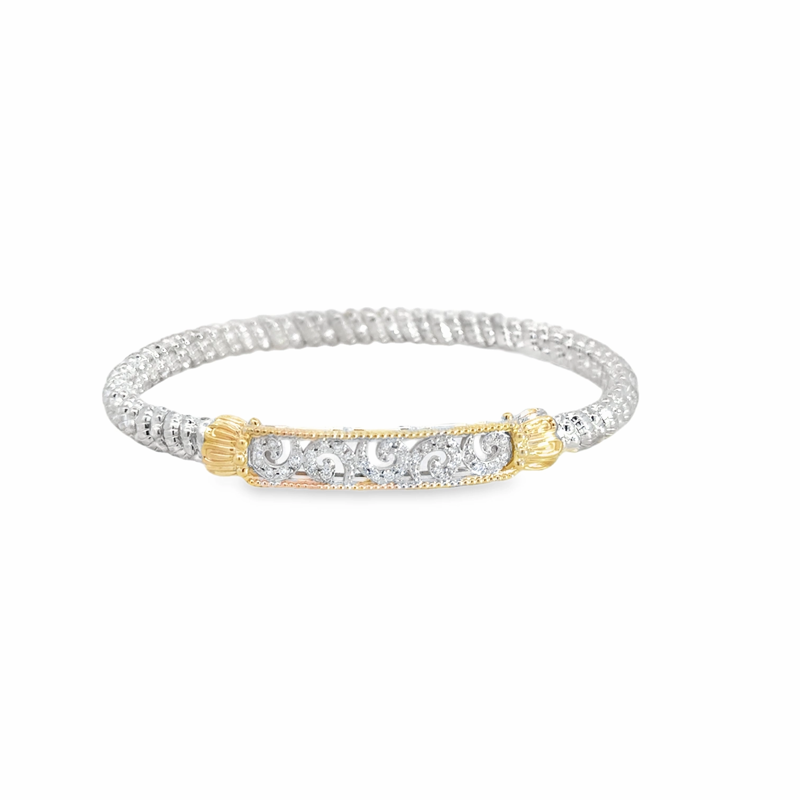 Sculpted Shape Sophisticated Element 14K Yellow Gold and Sterling Silver Diamond Bangle Bracelet