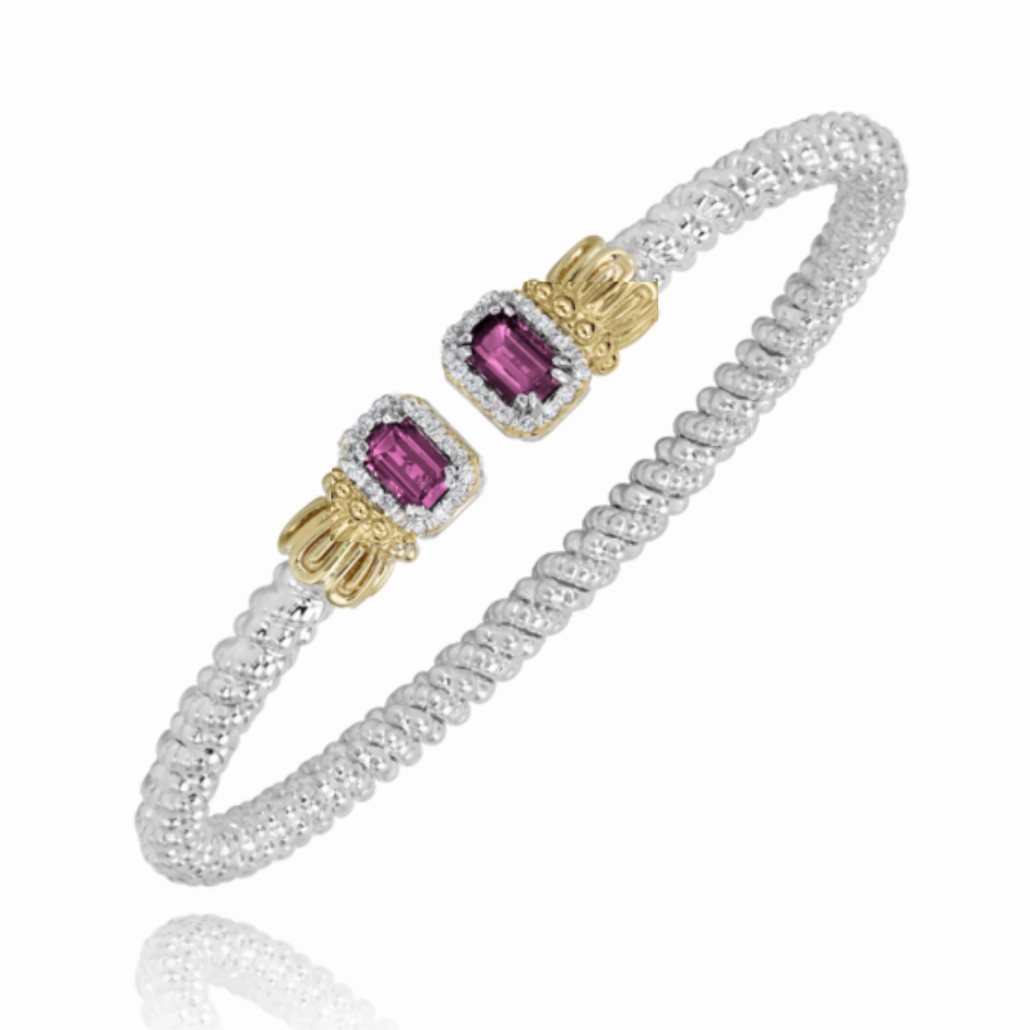 14K Yellow Gold and Sterling Silver Diamond Rhodalite Garnet Bangle Bracelet Alluring piece