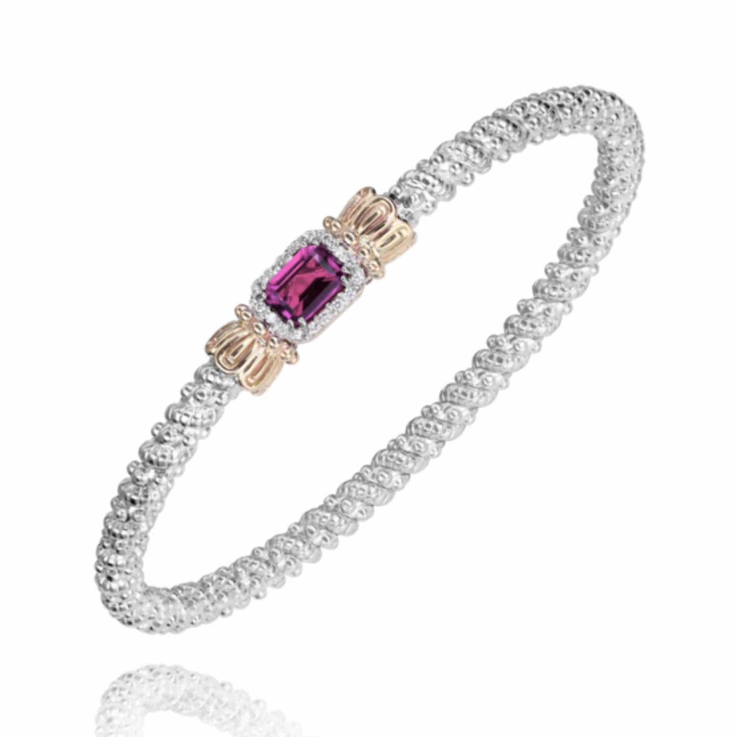 Signature Feature Muted Details 14K Yellow Gold and Sterling Silver Diamond Rhodalite Garnet Bangle Bracelet