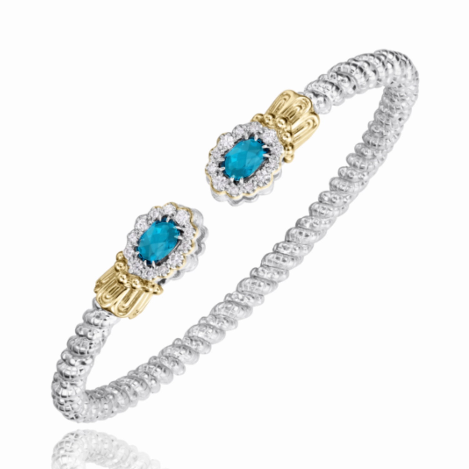 Modern pieces Bold Finish 14K Yellow Gold and Sterling Silver Diamond Turquoise Bangle Bracelet