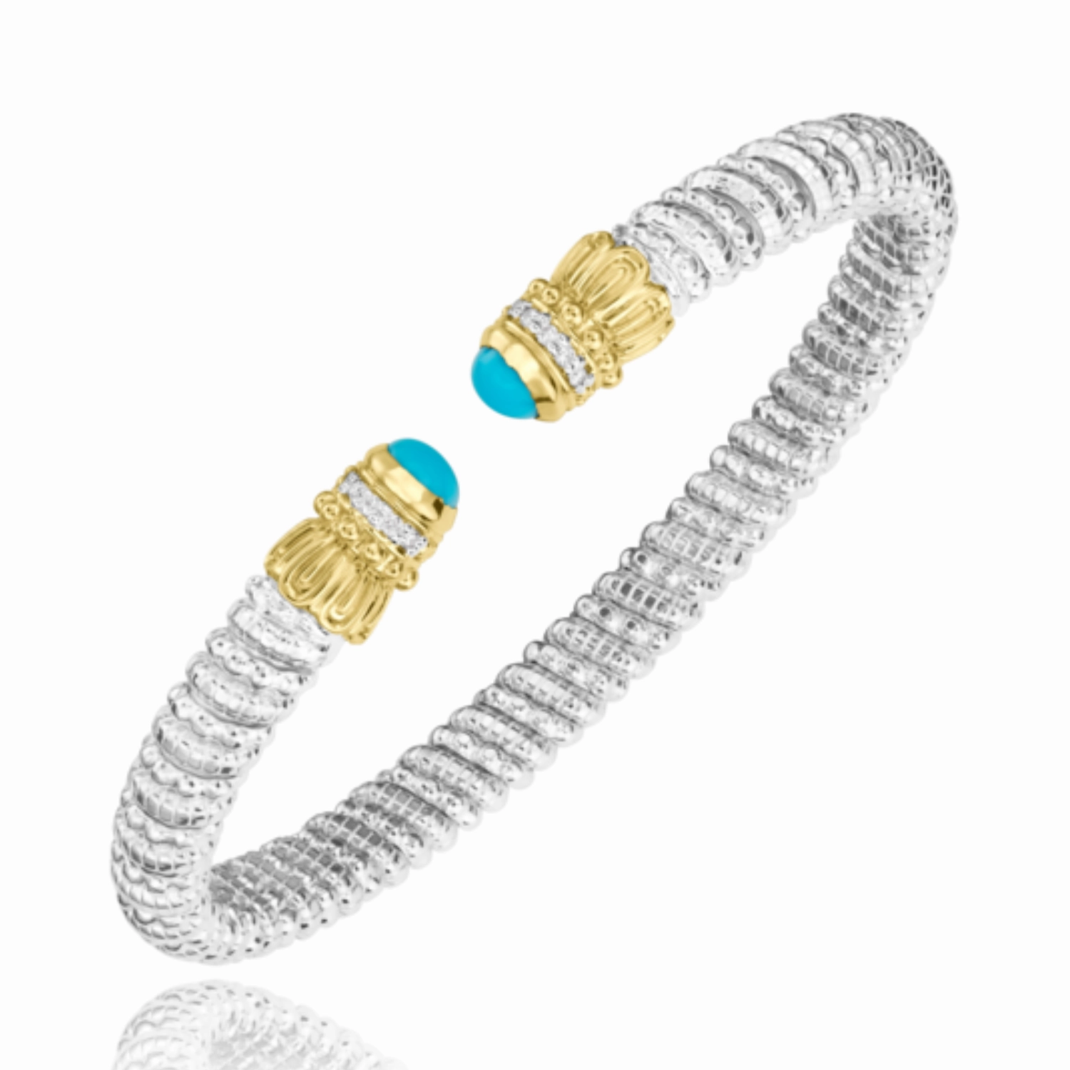 Elegant feature 14K Yellow Gold and Sterling Silver Diamond Turquoise Bangle Bracelet