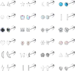 15 Pairs Screw Back Earrings Set for Women Hypoallergenic Surgical Steel Earring Cute CZ Butterfly Star Flower Stud Hoop Dangle ScrewBack Stud Earrings Set
