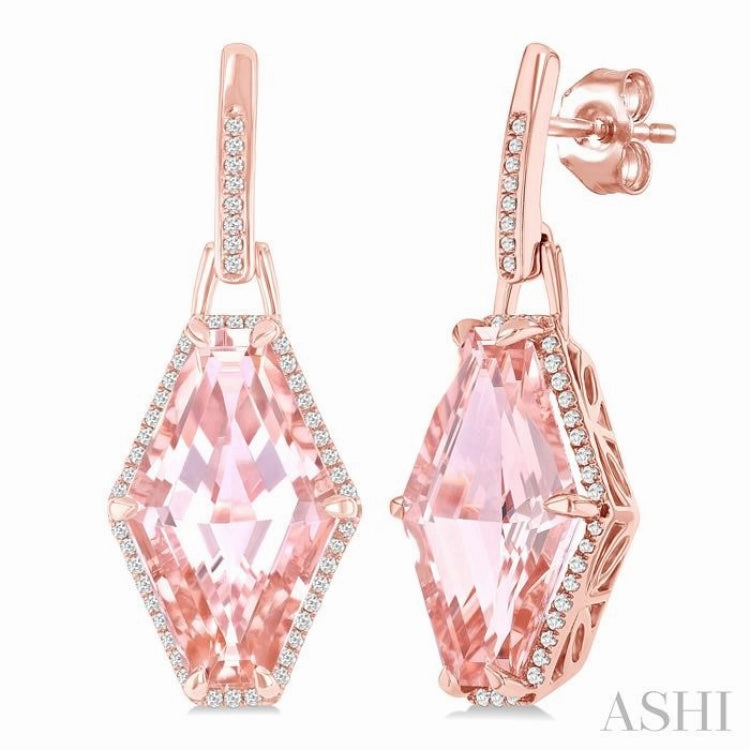Accent Detail Modern Fashion 16x10 MM Hexagon Shape Morganite and 1/4 Ctw Round Cut Diamond Halo Semi-Precious Earrings in 14K Rose Gold