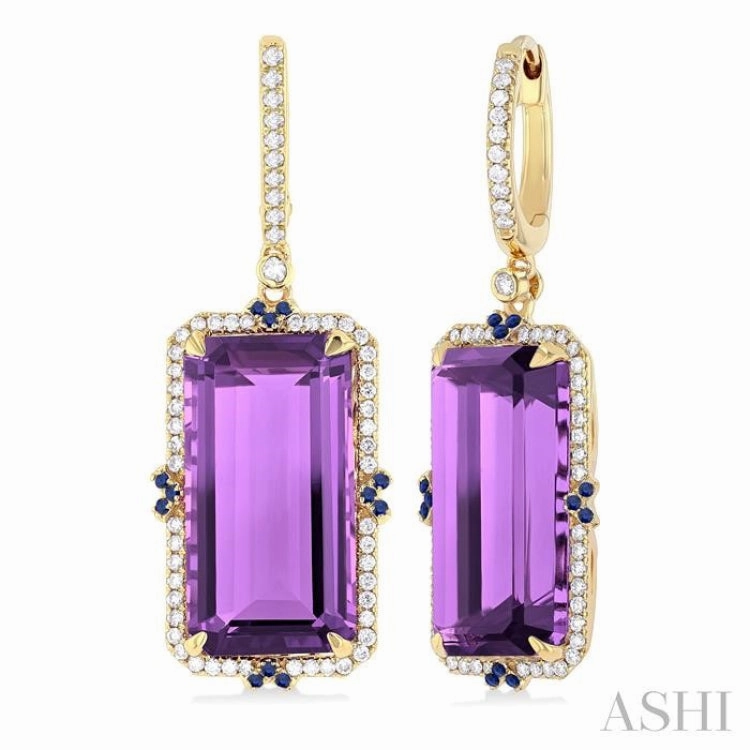Timeless Shine Jewelry 17x9 MM Emerald Cut Amethyst and .80 MM Sapphire & 1/3 Ctw Round Cut Diamond Halo Precious & Semi-Precious Earrings in 14K Yellow Gold