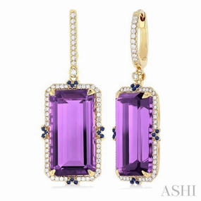 Timeless Shine Jewelry 17x9 MM Emerald Cut Amethyst and .80 MM Sapphire & 1/3 Ctw Round Cut Diamond Halo Precious & Semi-Precious Earrings in 14K Yellow Gold