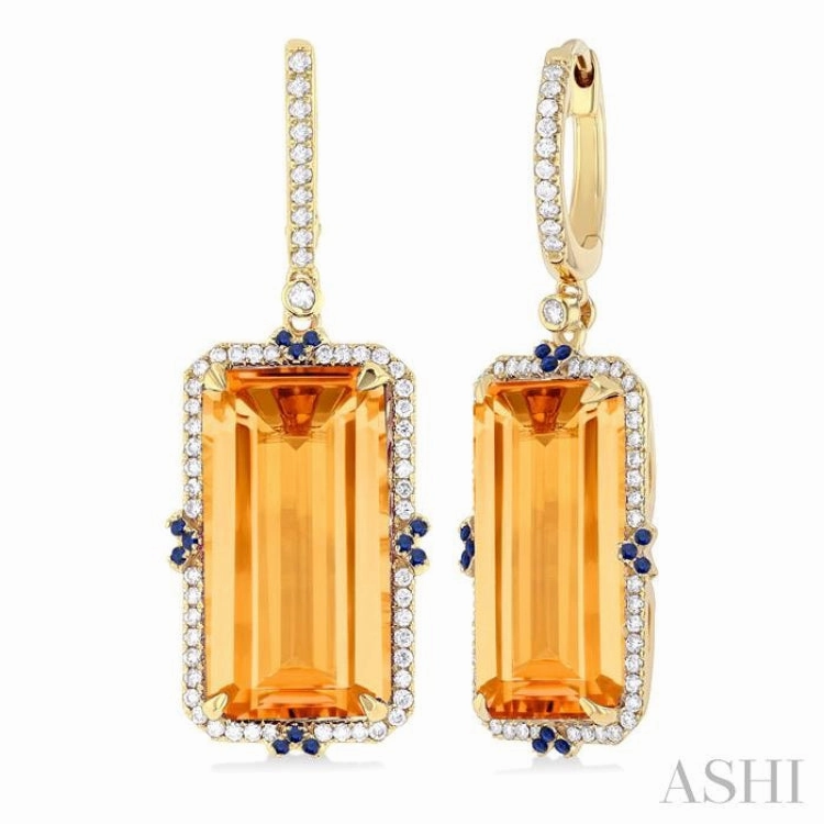 Timeless elegance Polished Sparkle 17x9 MM Emerald Cut Citrine and .80 MM Sapphire & 1/3 Ctw Round Cut Diamond Halo Precious & Semi-Precious Earrings in 14K Yellow Gold
