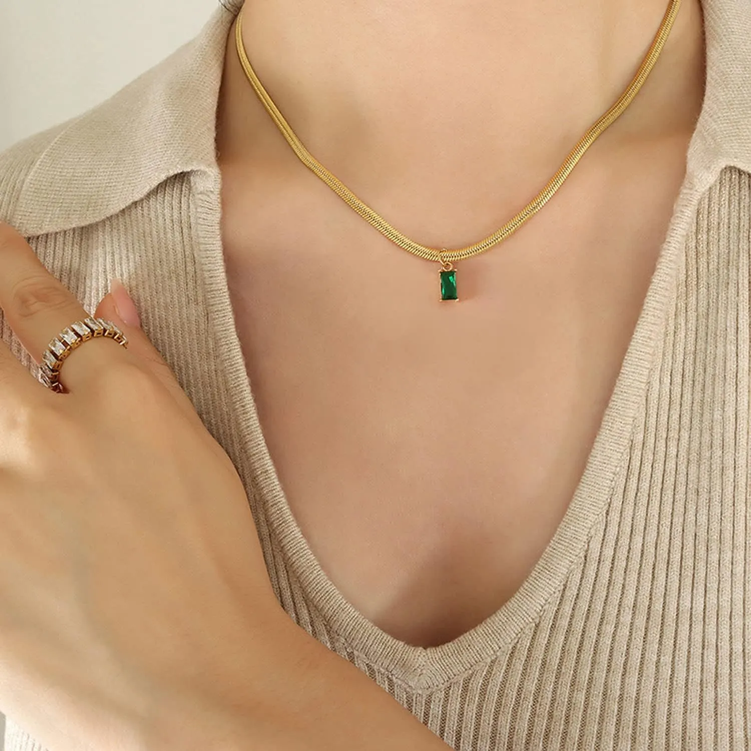 18K Gold Filled Vintage Choker Necklaces for Women Waterproof Gold Choker Necklace Anti Tarnish Gemstone Zircon Rectangle Pendant Necklace