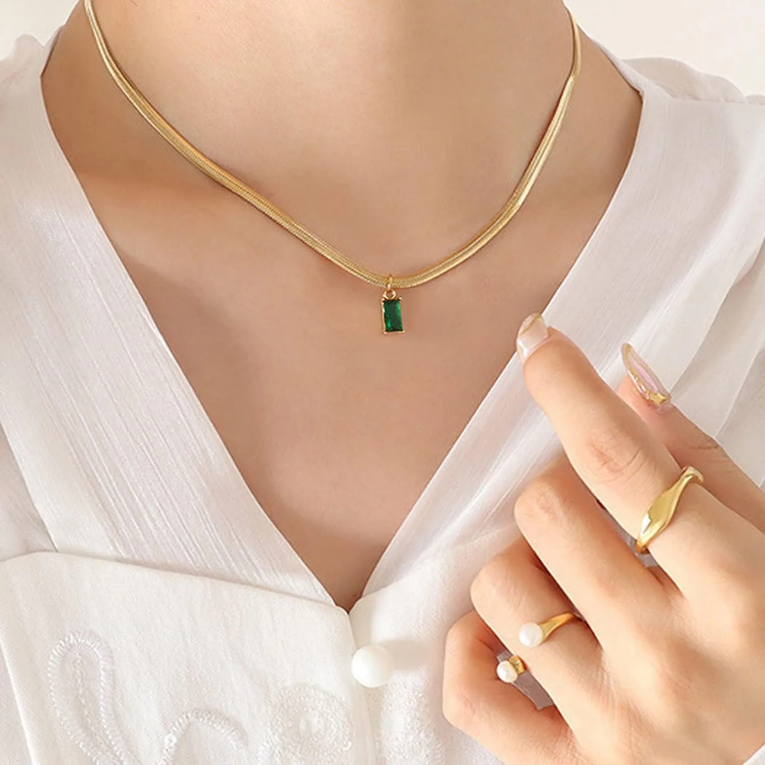 18K Gold Filled Vintage Choker Necklaces for Women Waterproof Gold Choker Necklace Anti Tarnish Gemstone Zircon Rectangle Pendant Necklace