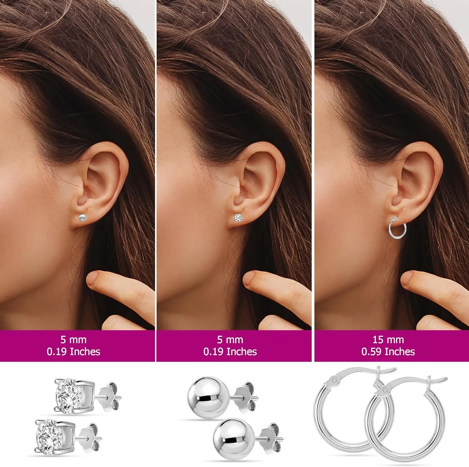 18K Gold-Plated 925 Sterling Silver Post CZ Stud Earring for Women | Set of 3 Pairs Cubic Zirconia Hoops Earrings for Women | Size 5mm, 5mm, 15mm