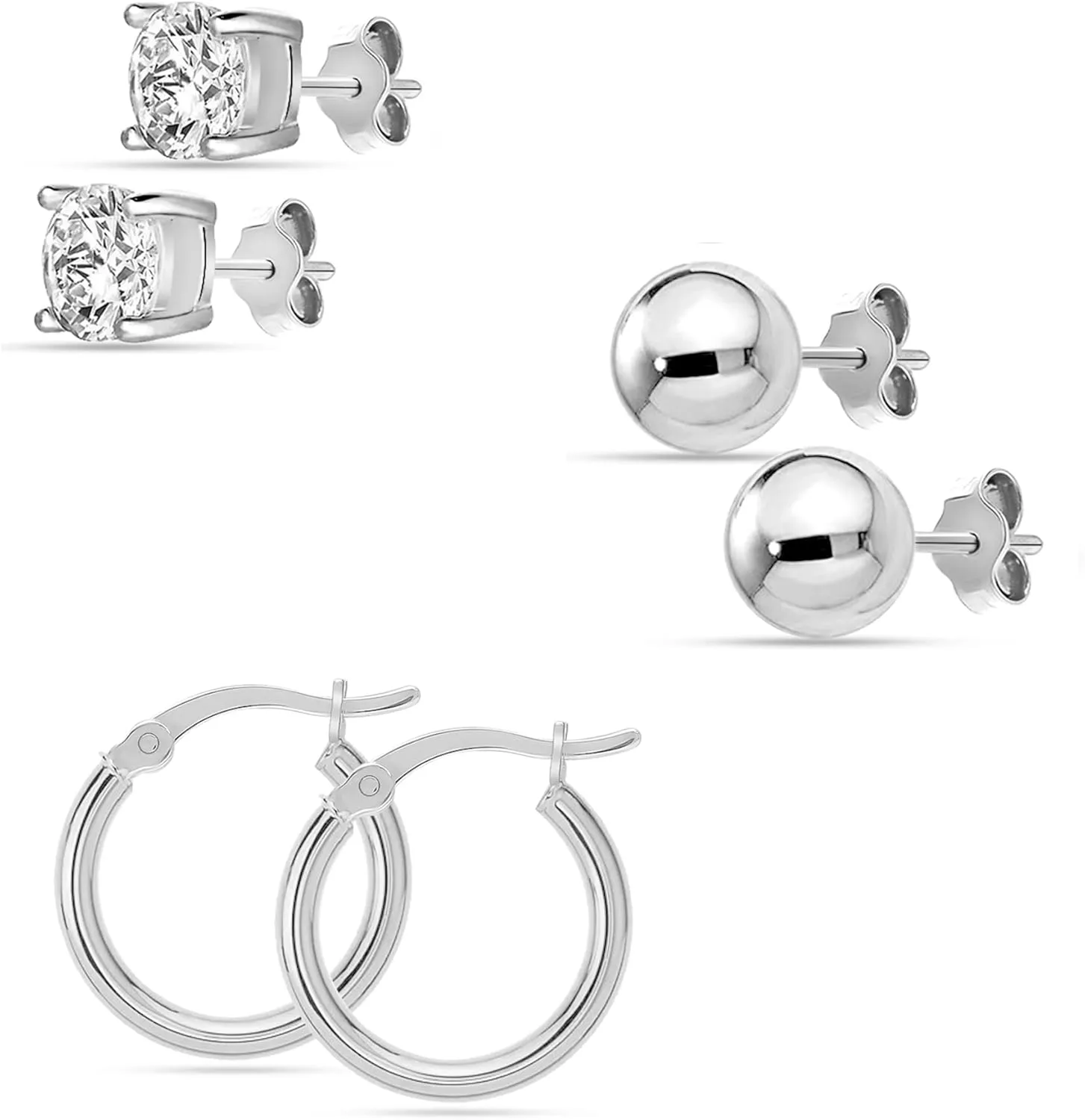 18K Gold-Plated 925 Sterling Silver Post CZ Stud Earring for Women | Set of 3 Pairs Cubic Zirconia Hoops Earrings for Women | Size 5mm, 5mm, 15mm