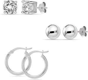 18K Gold-Plated 925 Sterling Silver Post CZ Stud Earring for Women | Set of 3 Pairs Cubic Zirconia Hoops Earrings for Women | Size 5mm, 5mm, 15mm