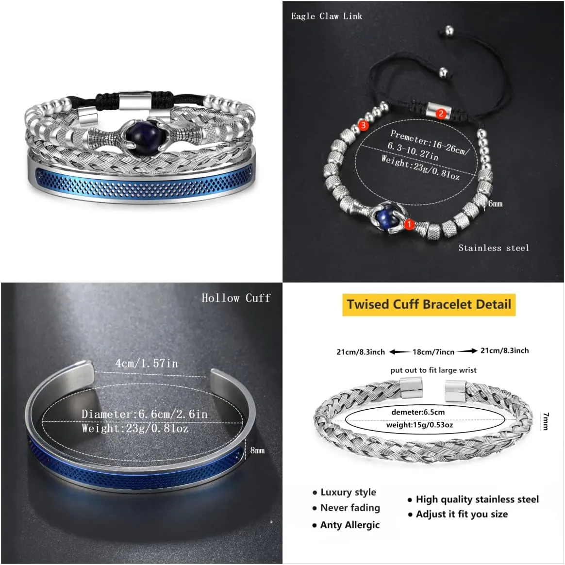 18K Gold Plated Stainless Steel Bracelets for Men - Roman Numeral Bracelet Luxury Crown King Twisted Cuff Cable Bangle Bracelets Set