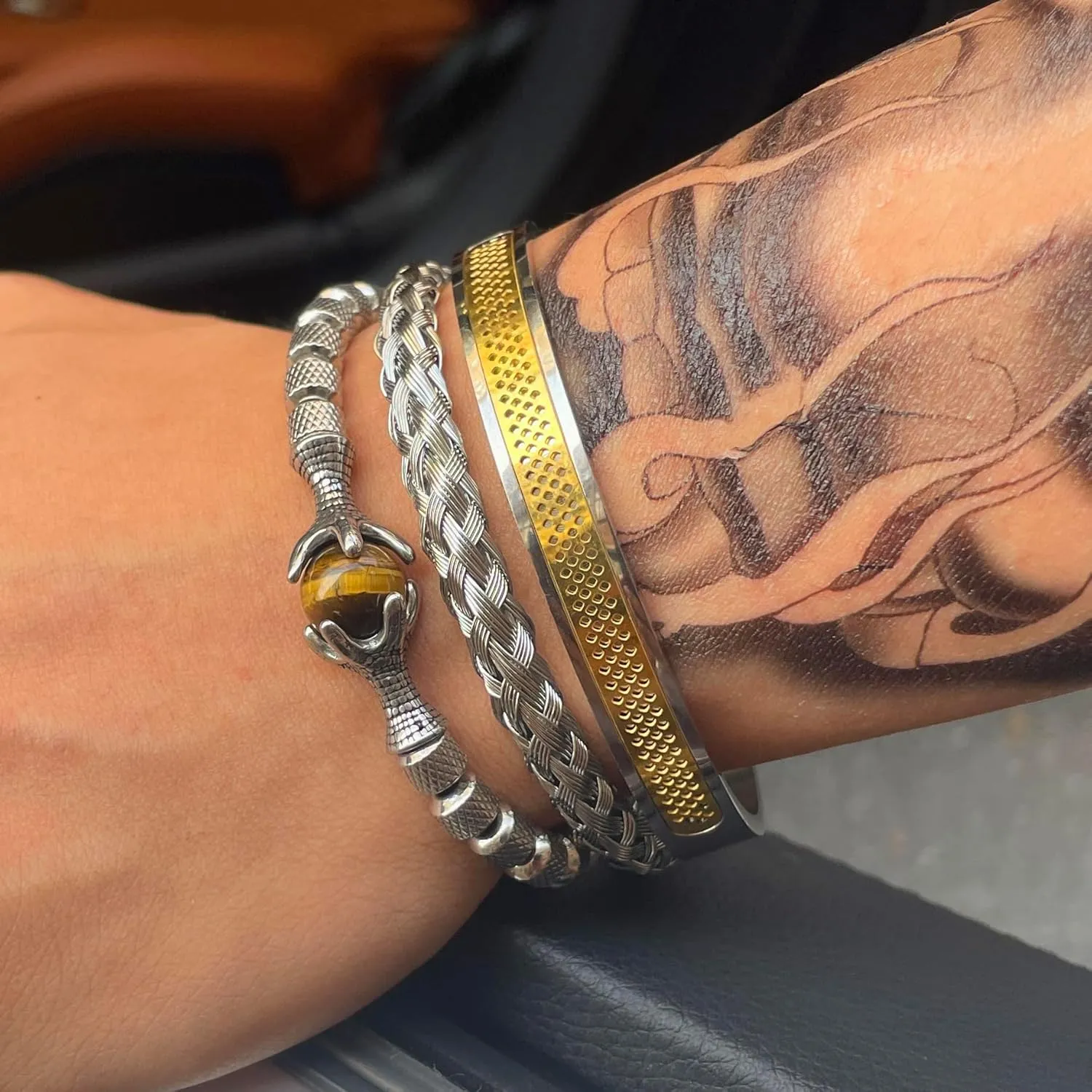 18K Gold Plated Stainless Steel Bracelets for Men - Roman Numeral Bracelet Luxury Crown King Twisted Cuff Cable Bangle Bracelets Set