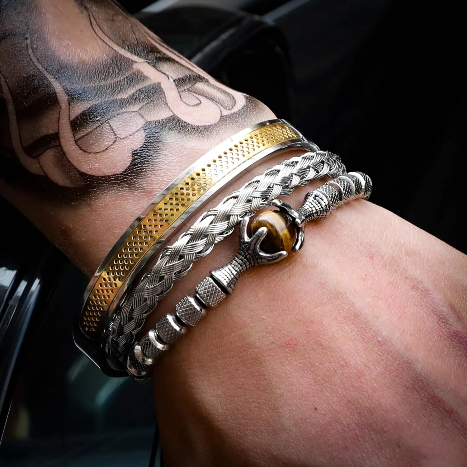 18K Gold Plated Stainless Steel Bracelets for Men - Roman Numeral Bracelet Luxury Crown King Twisted Cuff Cable Bangle Bracelets Set