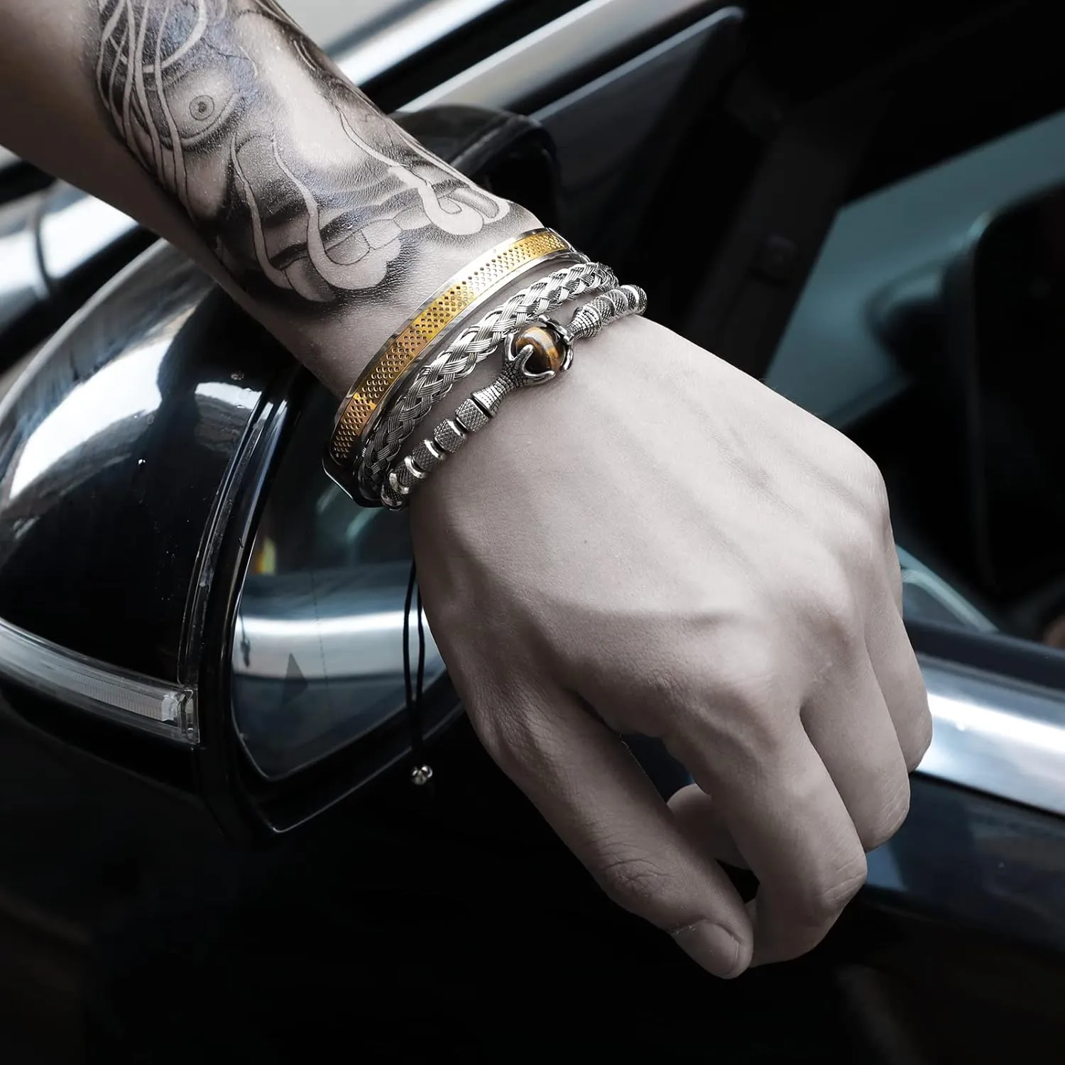 18K Gold Plated Stainless Steel Bracelets for Men - Roman Numeral Bracelet Luxury Crown King Twisted Cuff Cable Bangle Bracelets Set