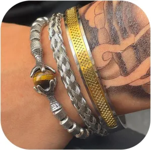 18K Gold Plated Stainless Steel Bracelets for Men - Roman Numeral Bracelet Luxury Crown King Twisted Cuff Cable Bangle Bracelets Set