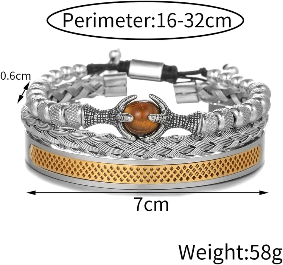 18K Gold Plated Stainless Steel Bracelets for Men - Roman Numeral Bracelet Luxury Crown King Twisted Cuff Cable Bangle Bracelets Set