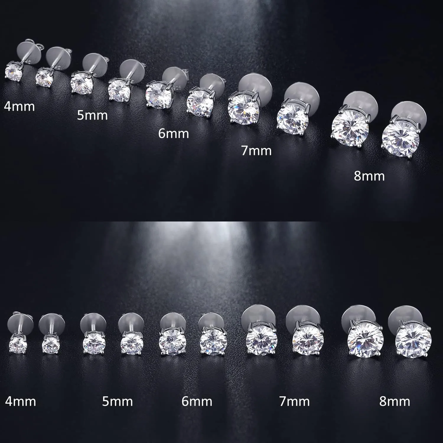 18K White Gold Plated Simulated Diamond Earrings for Men Women Cubic Zirconia Stud Earrings 925 Sterling Silver Screw Back CZ Stud Earrings 4MM-8MM for Unisex