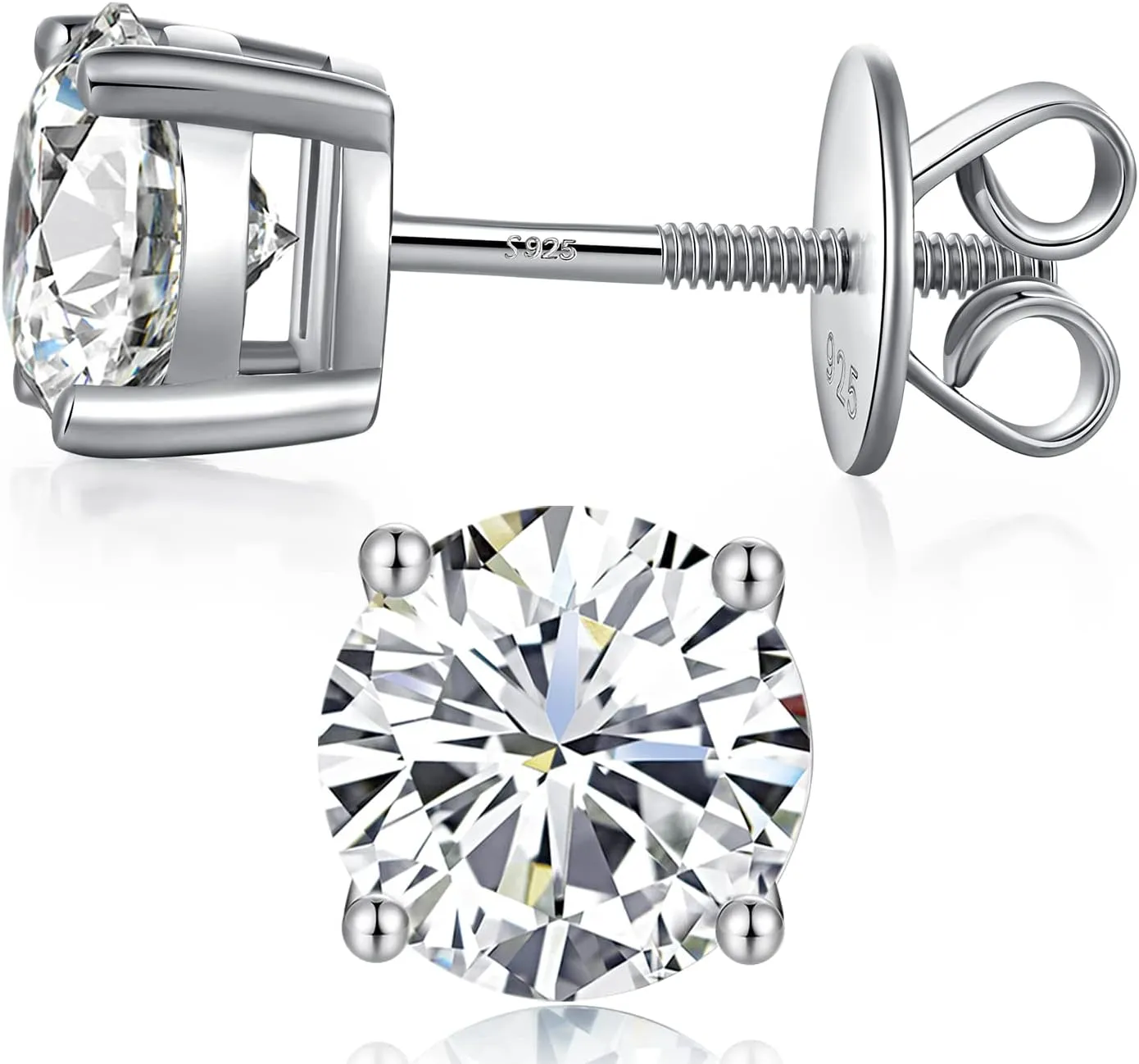 18K White Gold Plated Simulated Diamond Earrings for Men Women Cubic Zirconia Stud Earrings 925 Sterling Silver Screw Back CZ Stud Earrings 4MM-8MM for Unisex